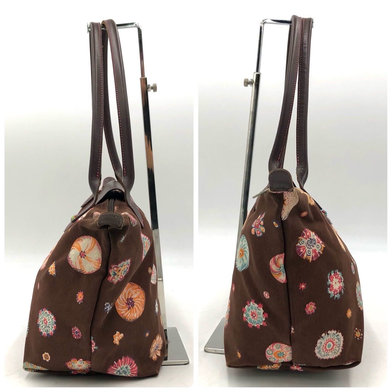 ロンシャン LONGCHAMP トートバッグ 花柄 キャンバス レザー 茶 鞄