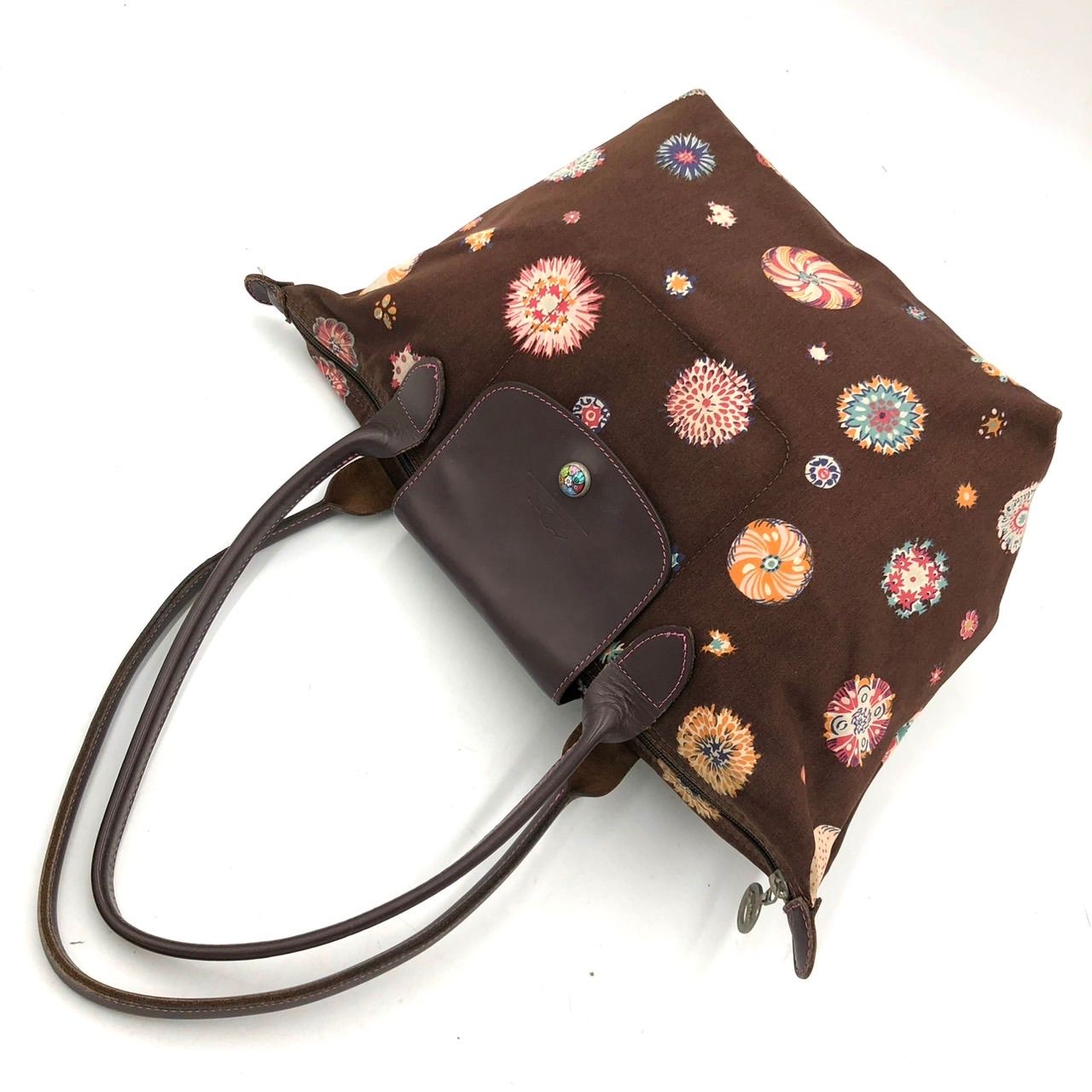 ロンシャン LONGCHAMP トートバッグ 花柄 キャンバス レザー 茶 鞄 