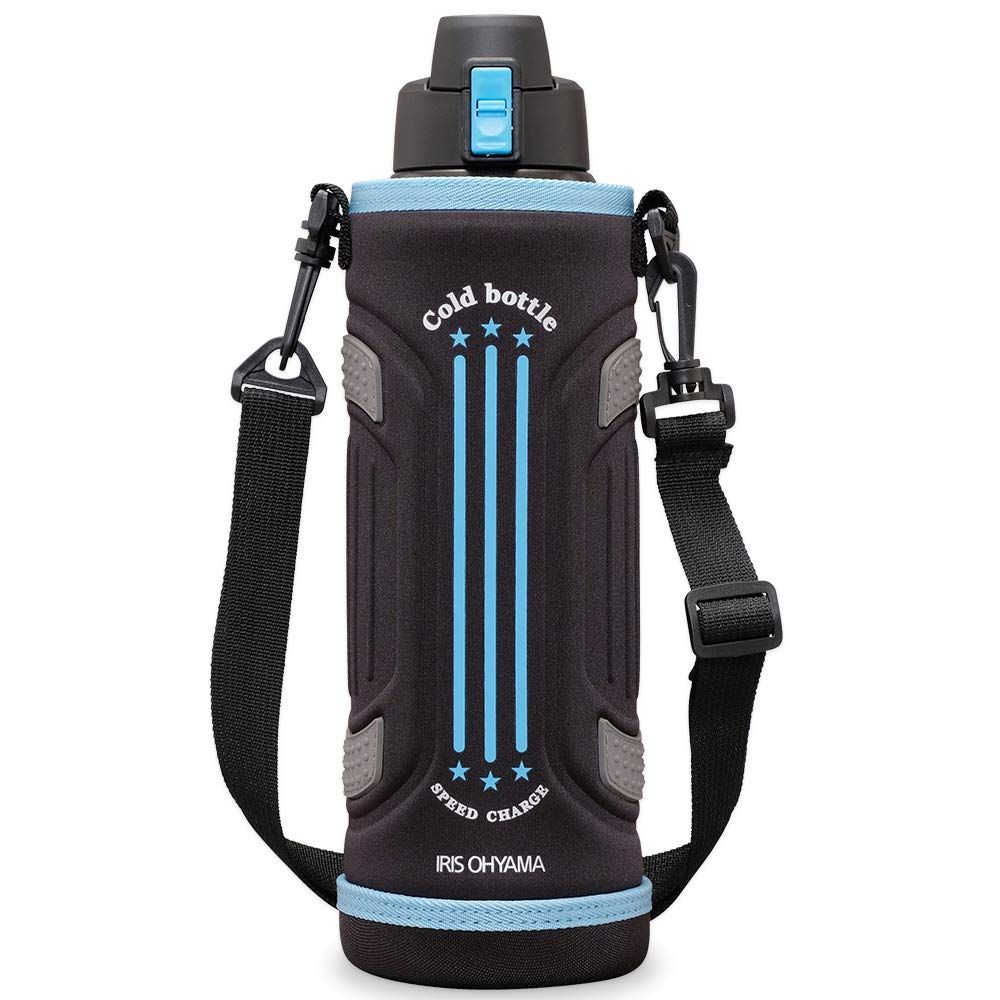 アイリスオーヤマ 水筒 子供 スポーツボトル 1500ml 1.5L ブルー 真空断熱層で冷たさキープ6時間! 片手でワンタッチオープン&直飲み 持ち運びやすいストラップ付 氷をそのまま入れられる 部活や運動に
