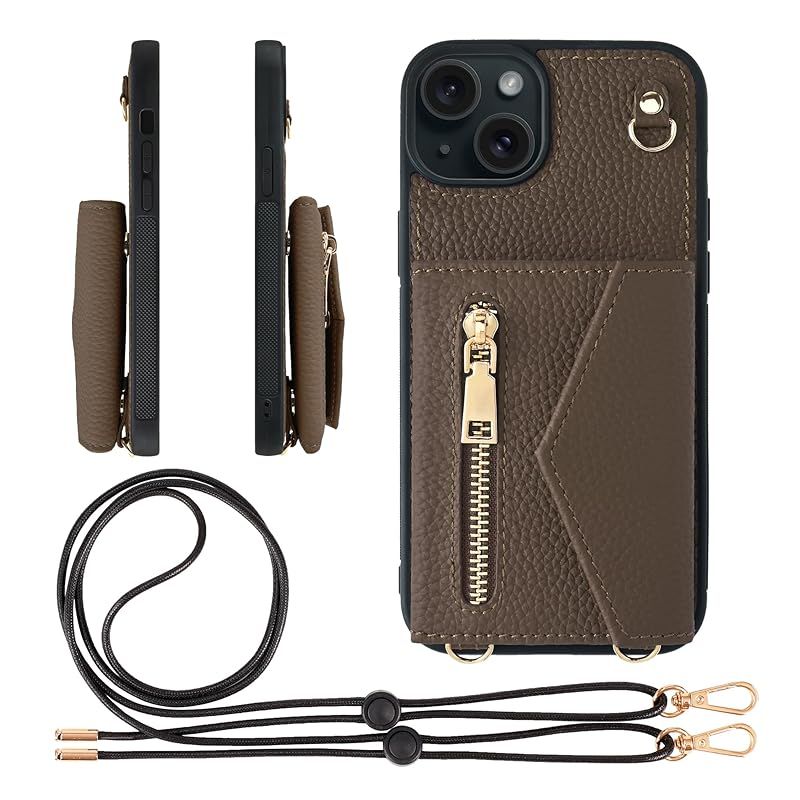 【新品】 HANATORA for iPhone 15Plus ケース ショルダー 本革 シュリンクレザー 耐衝撃 スマホケース スマホ ショルダーストラップ 付き ファスナー スマホショルダー カバー カードポケット カード収納 小銭入れ トープ BPC 0