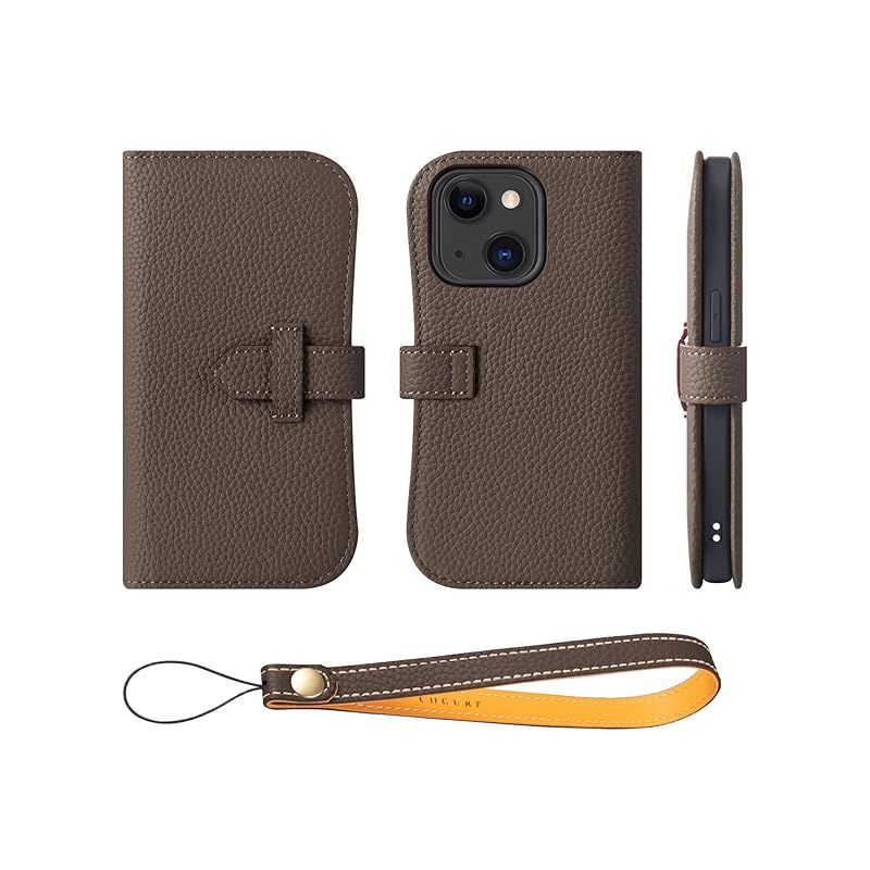 【新品】 COGURE スマホケース iPhone15用 手帳型 ケース 本革 ベルト付き カード収納 ストラップ 落下防止 スタンド機能 TPUケース 耐衝撃 磁石なし ギフトボックス付き COPA エトープ+オレンジ【Etoupe+OG】 1