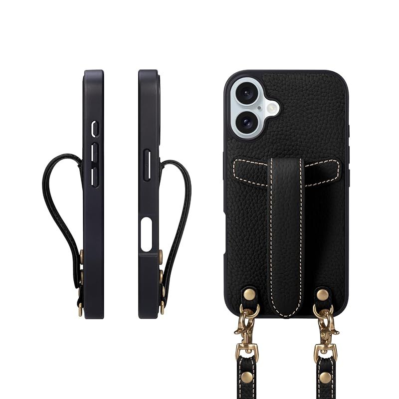 【新品】 COGURE 交換 スマホケース iPhone16Plus ケース ショルダーストラップ 本革 落下防止 耐衝撃 ギフトボックス付き COPG ブラック【Black】 0