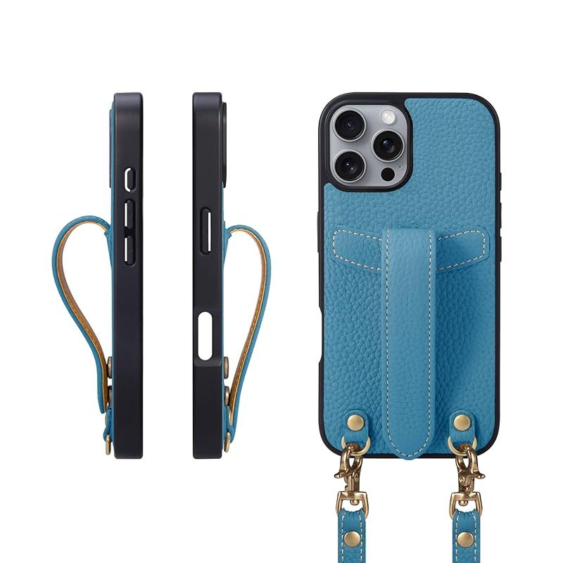 iPhoneケース・スマホ・PC 【新品】 COGURE 交換 スマホケース iPhone16ProMax ケース ショルダーストラップ 本革 落下防止 耐衝撃 ギフトボックス付き COPG シアン【Cyan】 0