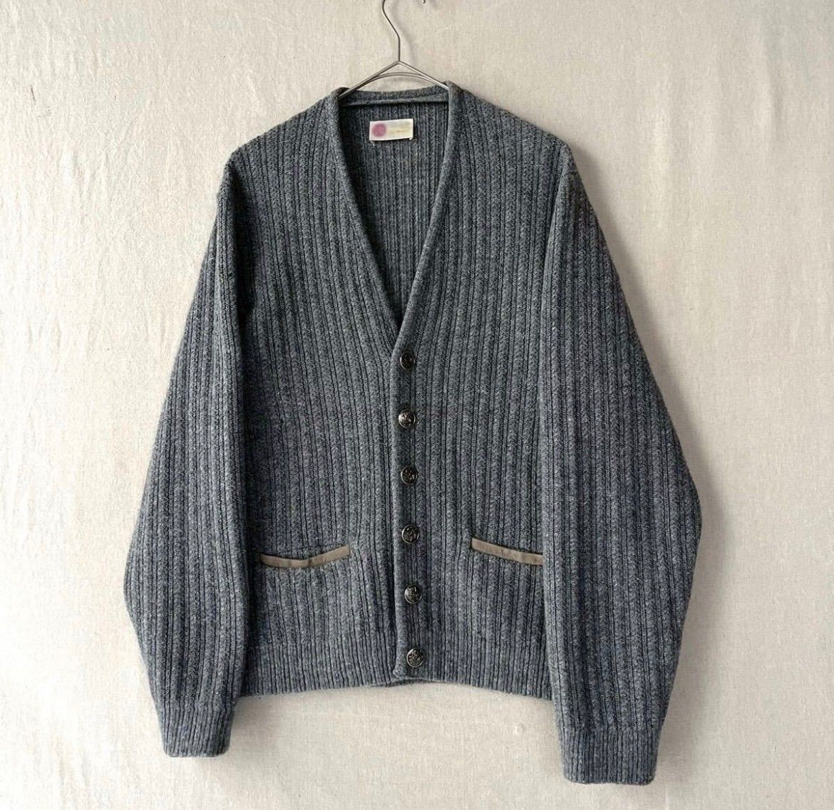 70s USA製 Sears ニット カーディガン / M ウール アクリル レザー