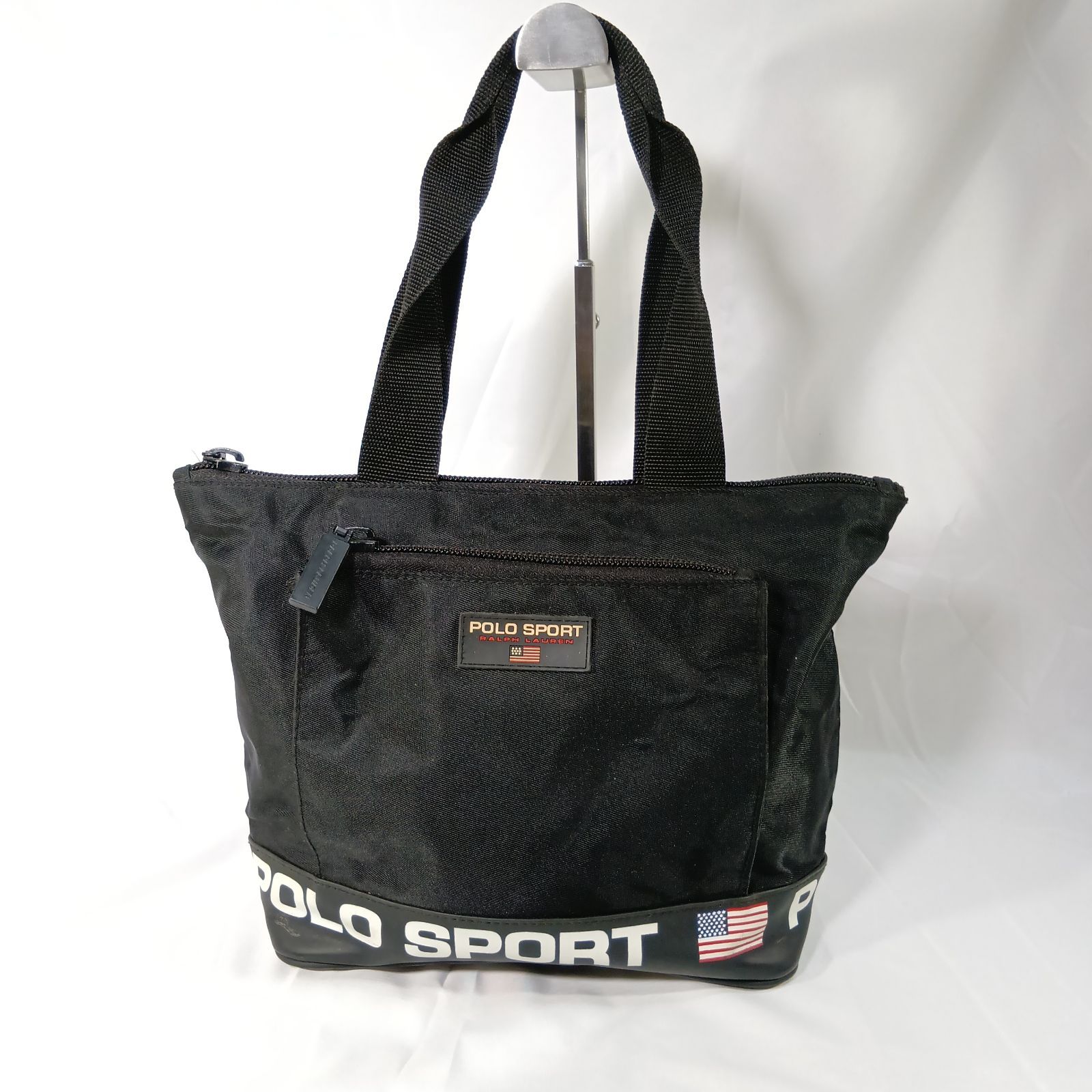 希少】POLO SPORT ポロスポーツ トートバッグ 黒 90s 星条旗 訳あり 