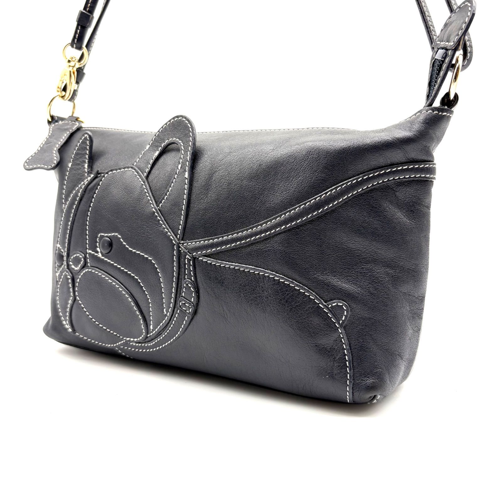 【良品✨】キタムラ フレンチブルドッグ トートバッグ 肩掛け 本革 ネイビー 美品✨】Kitamura leather shoulderbag キタムラ レザー素材ショルダー