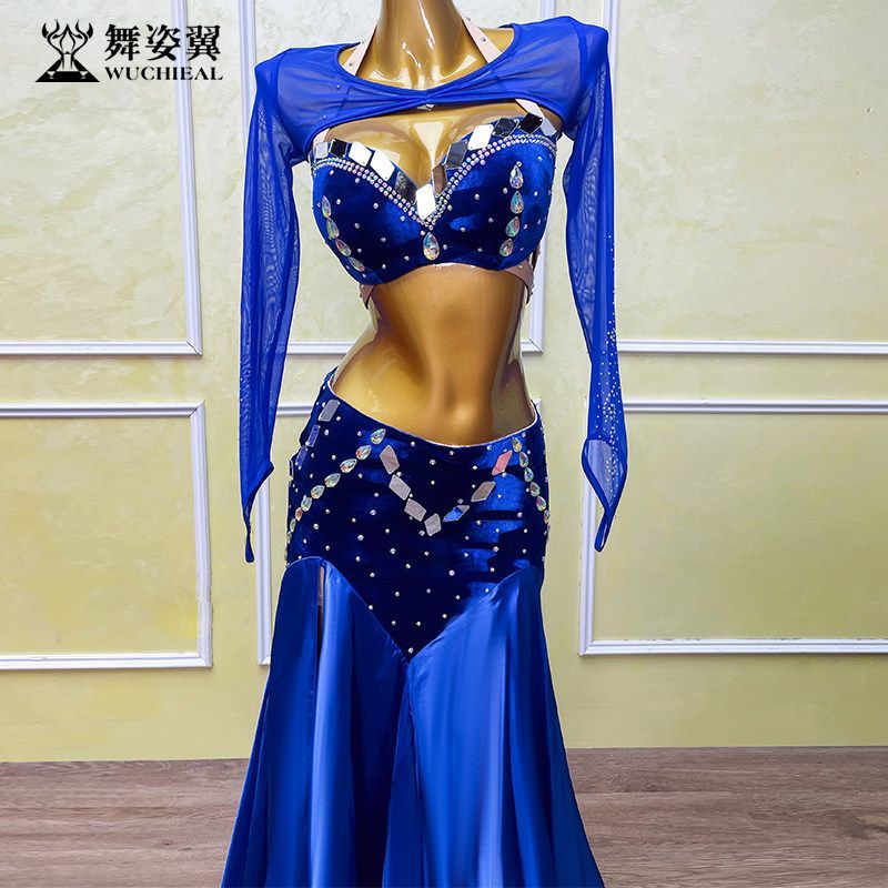 新品 未使用 ベリーダンス衣装 レディース オリエンタルダンス衣装 社交ダンス衣装 ダンスドレス ステージ衣装 舞台衣装 ダンスコスチューム パフォーマンス衣装 ショー 発表会 ダンスウェア ビジュー装飾 ロングスカート セットアップ 宝ブルー パープル