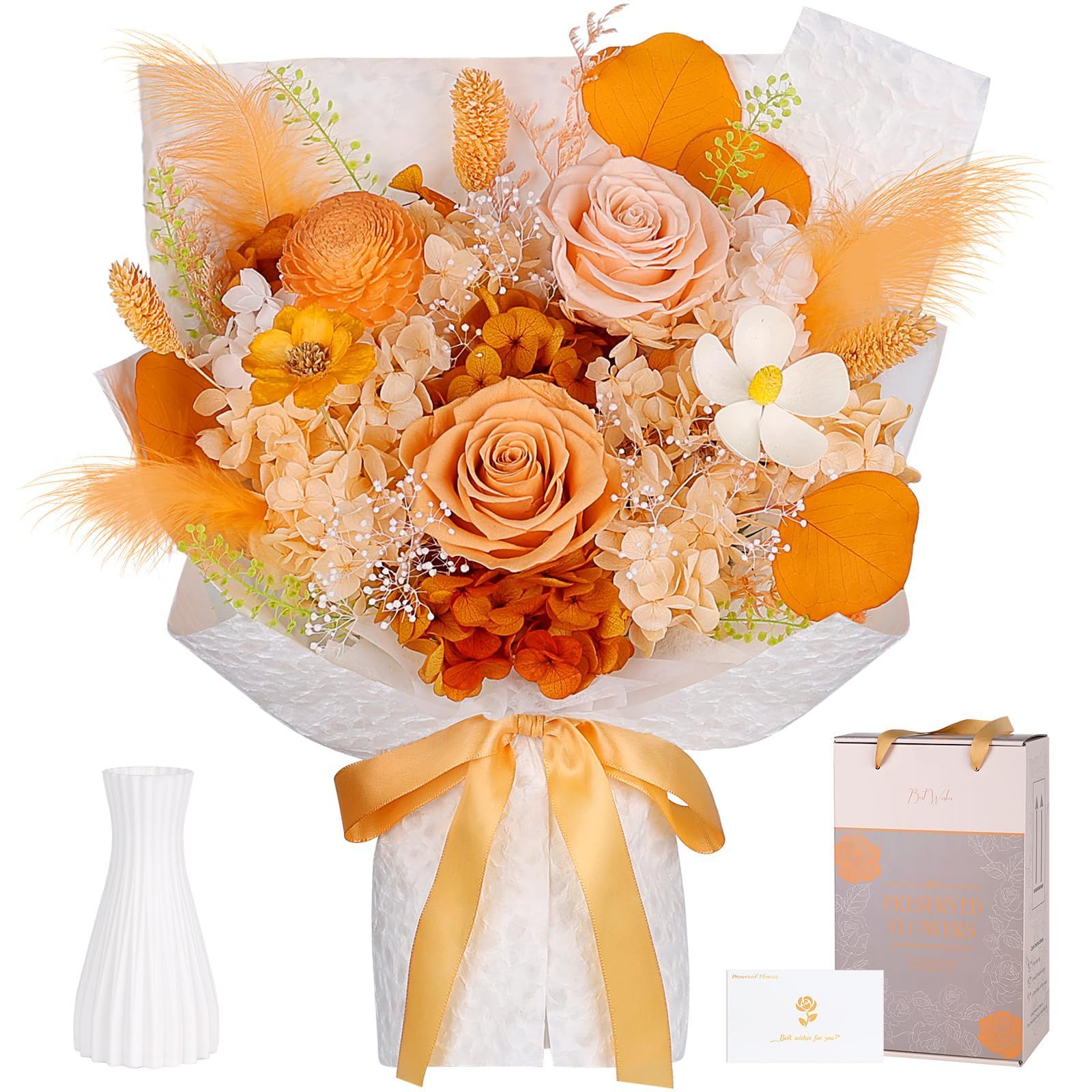 【数量限定】プリザーブドフラワー 花束 バラ オレンジ 香りあり 花瓶付き 枯れない花 女性 誕生日 記念日 プレゼント 卒業式 お祝い 人気 ブーケ バレンタイン ホワイトデー お返し ギフト