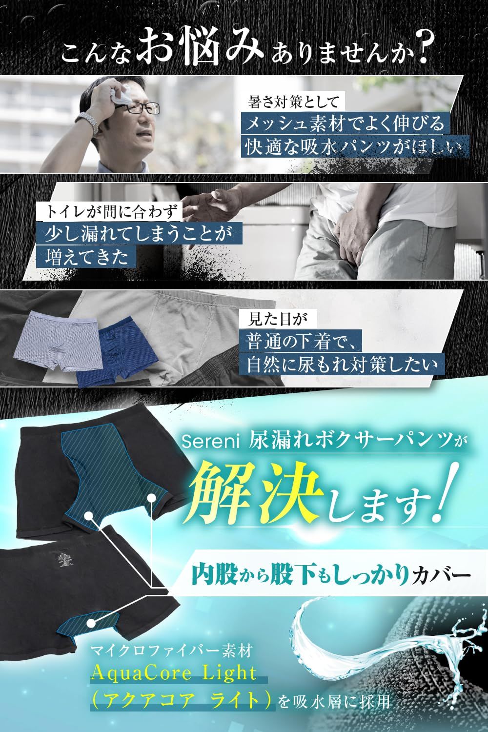 [Sereni] 【皮膚科医監修】 スポーツタイプ メッシュ 50cc対応 吸水パンツ 男性用 ボクサーパンツ 尿漏れ防止 防水 消臭 抗菌 【自然なシルエット】 セレーニ L 2枚セット [L] [2]