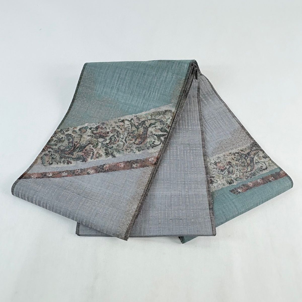 美品 袋帯 名品 落款 辻が花 金通し 箔 灰緑 お太鼓柄 正絹 中古 【美