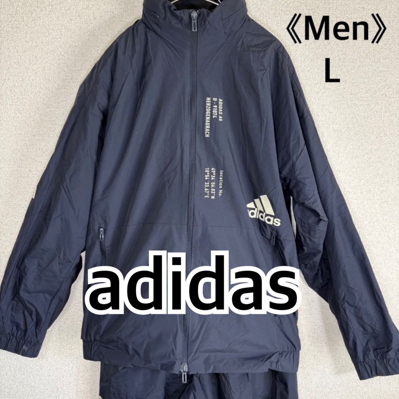 adidas ナイロンジャケット L ネイビー 裏フリース フルジップ 