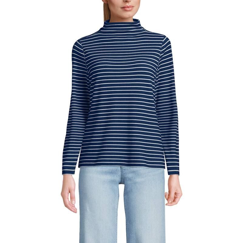 ランズエンド レディース トップス Tシャツ モックネック Womens Lands End Rib Skimming Long Sleeve Mock Neck Top Navy Ivory Stripe アイボリー