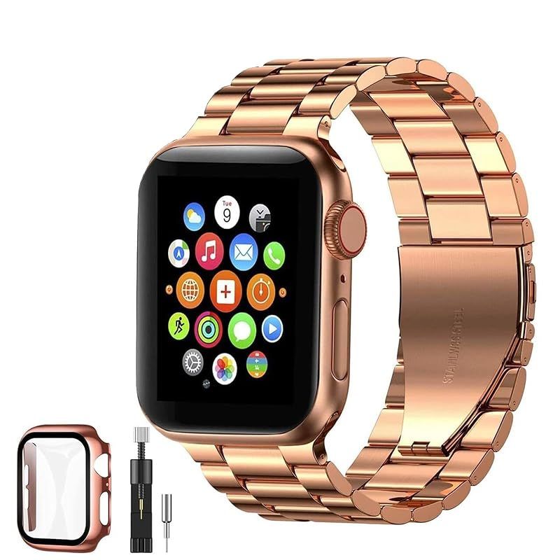 [YOFITAR] for Apple Watch バンド 保護ケース付き ステンレス製 series 11/10 42mm対応 iWatch バンド Apple Watchアクセサリ 長さ調整器具付き（42mm，ローズゴールド） 1