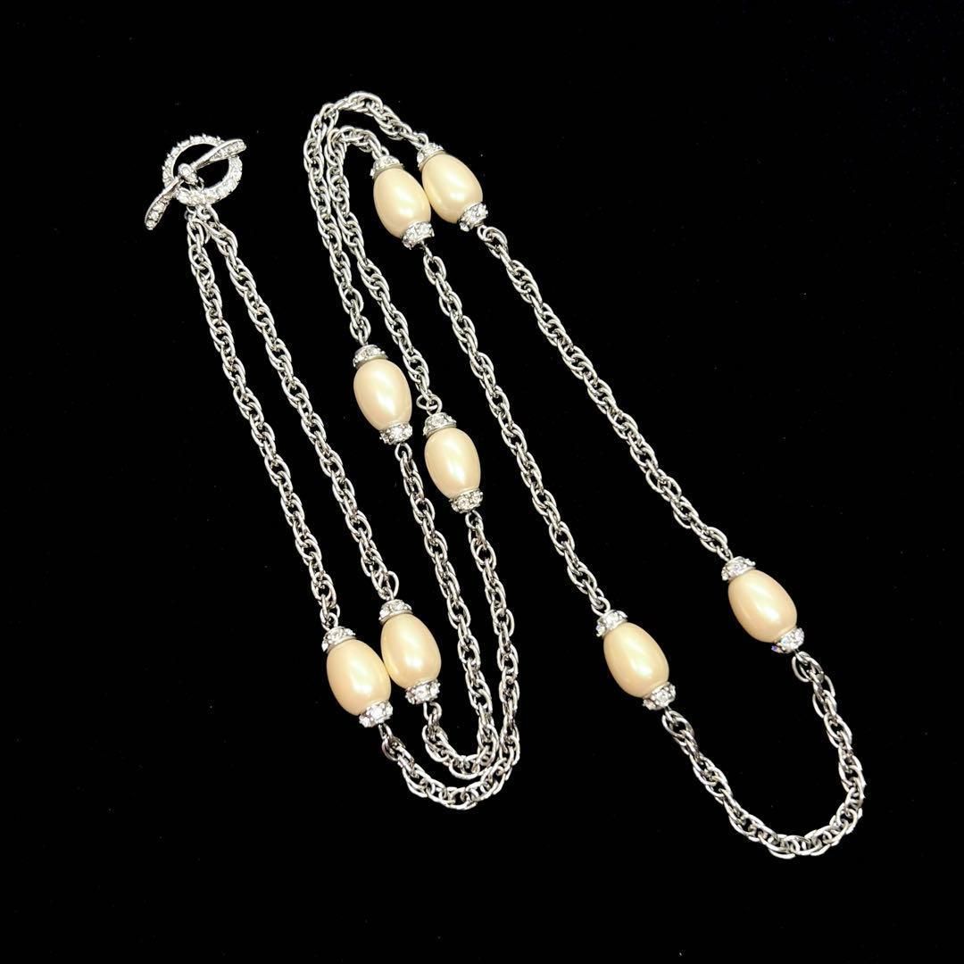 美品☆MONET モネ ネックレス パール ラインストーン シルバー ロング 