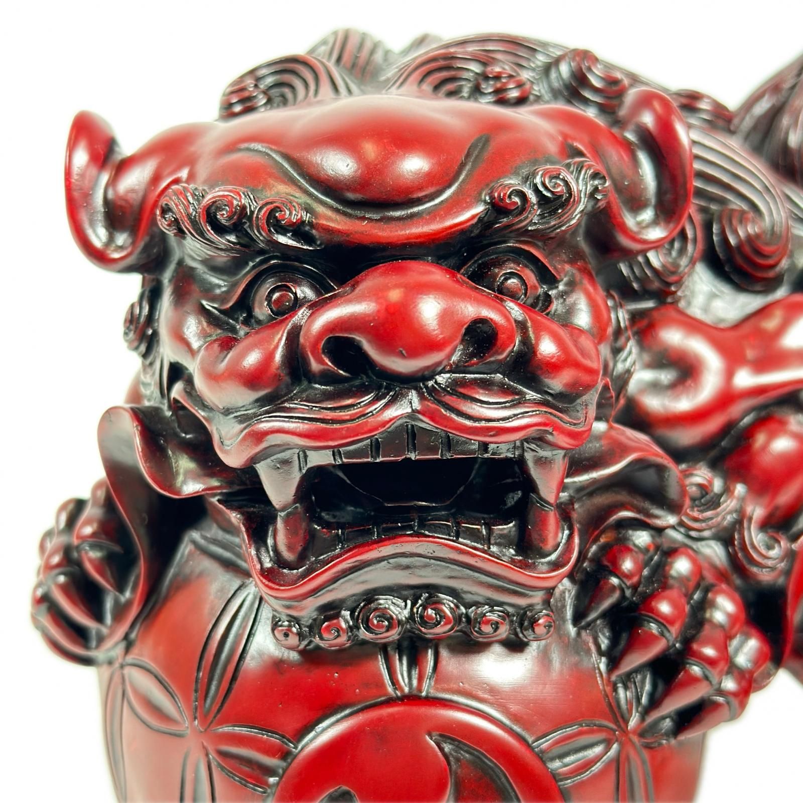 木彫り 玉乗り獅子 狛犬 シーサー 2体1対ペア 職人技 縁起物 魔除け