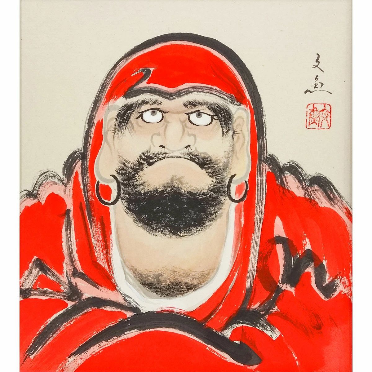 色紙額 中谷文魚 「赤達磨」 日本画 真筆 額入り 肉筆画 手描き 縁起