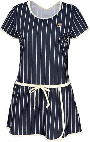 新品 FILA TENNIS(フィラ テニス) テニス レディース 半袖 ワンピース ストライププリント ウエストドローストリング ワンピース 吸水速乾機能 UVカット加工 EL0231 フィラネイビー S