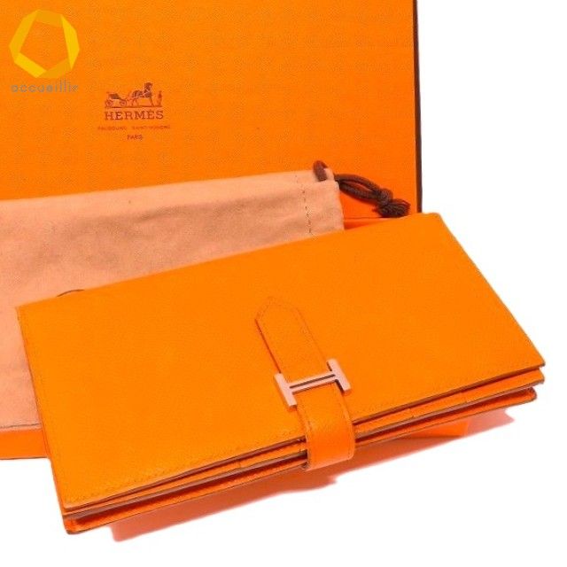 apzw エルメス HERMES 財布 ベアン オレンジ 長財布 2つ折り シルバー