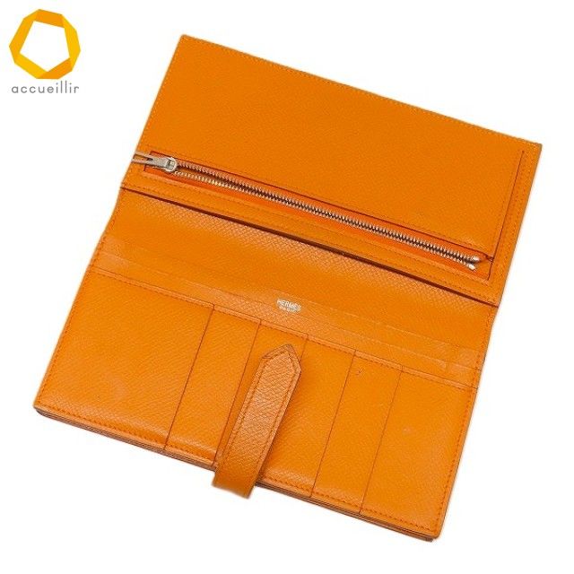 apzw エルメス HERMES 財布 ベアン オレンジ 長財布 2つ折り シルバー