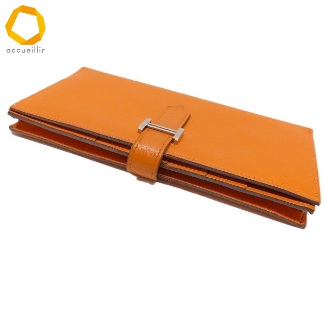 apzw エルメス HERMES 財布 ベアン オレンジ 長財布 2つ折り シルバー