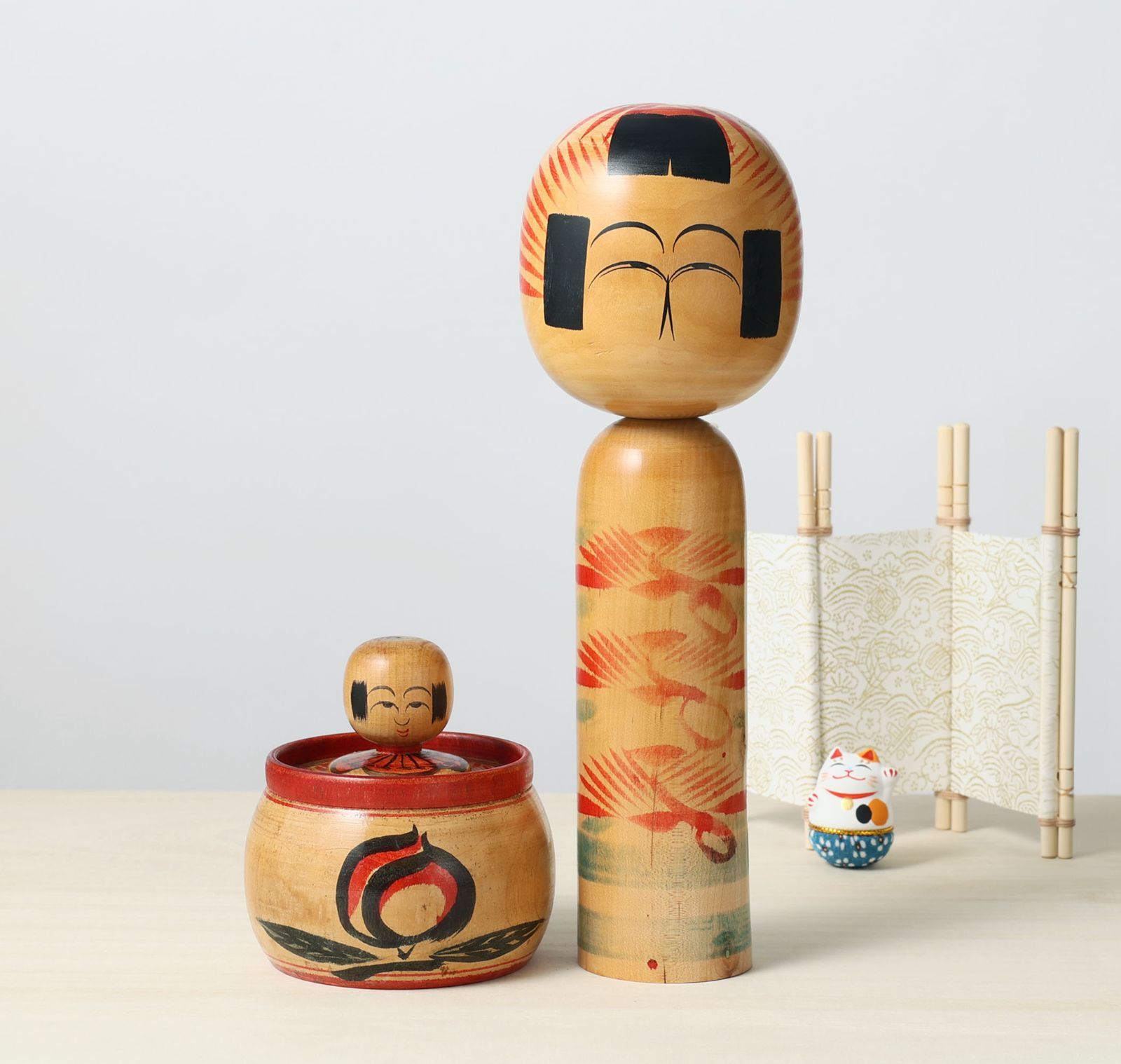 創作こけし ひろとし 2体まとめて Kokeshi dolls こけし2本まとめて 菅原敏（1937ｰ1992） 高さ9.5ｰ25㎝ | KOKESHI DOLLS