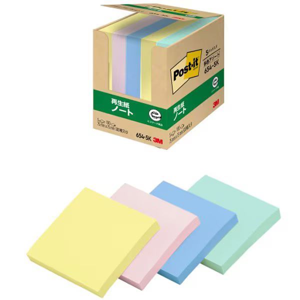 （まとめ買い）スリーエム ポストイット 付箋 再生紙ノート 75×75mm 100枚×5パッド 多色アソート 654-5K 【×3セット】