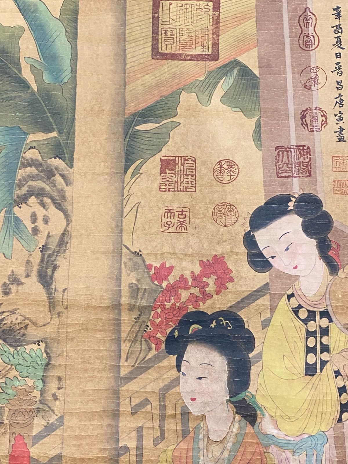 中国古美術・字画三尺仕女人物掛軸・水彩画・唐寅印款・書道品・絹本