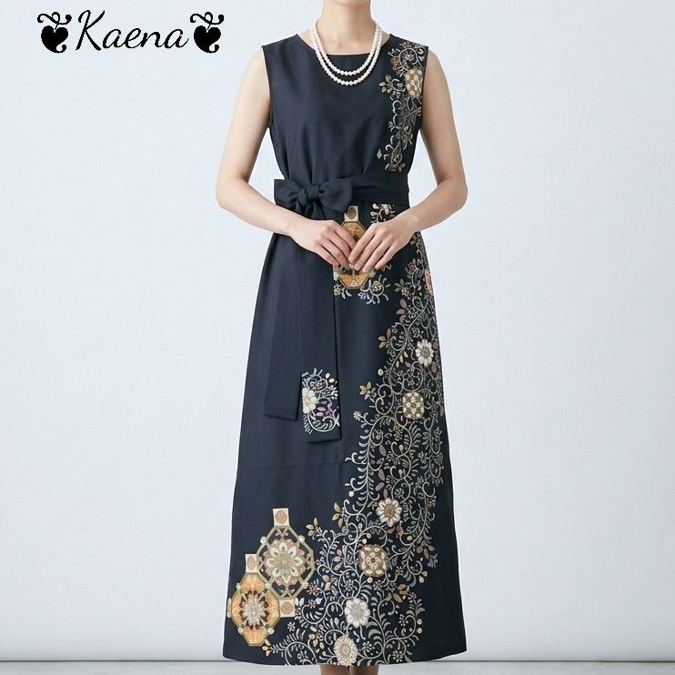 ❦Kaena❦ 着物リメイク ワンピース ロング ドレス マキシ Aライン 黒