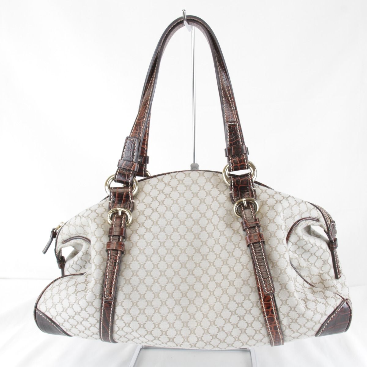 CELINE セリーヌ ベージュ マカダム ハンドバッグ キャンバス レザー 