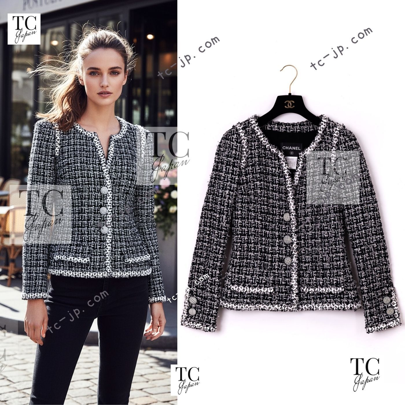 シャネル ジャケット CHANEL ブラック ホワイト ノーカラー ツイード 