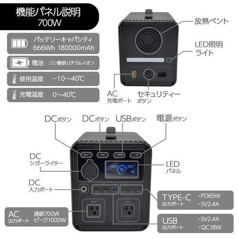 2275 P7 ポータブル 電源 ブラック 700W 災害 緊急時 アウトドア 2275 P7 ポータブル 電源 ブラック 700W 災害 緊急時 アウトドア