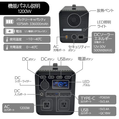 2277 P10 ポータブル 電源 ブラック 1200W 災害 緊急時 アウトドア