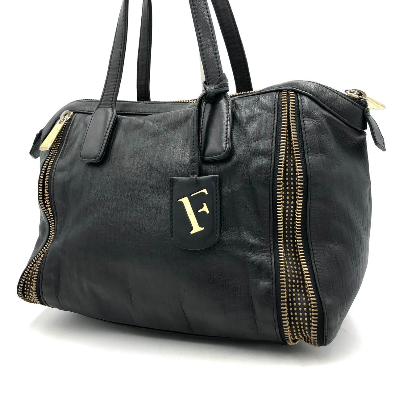 FURLA フルラ ボストンバッグ ハンドバッグ レザー ブラック 黒 サイド 