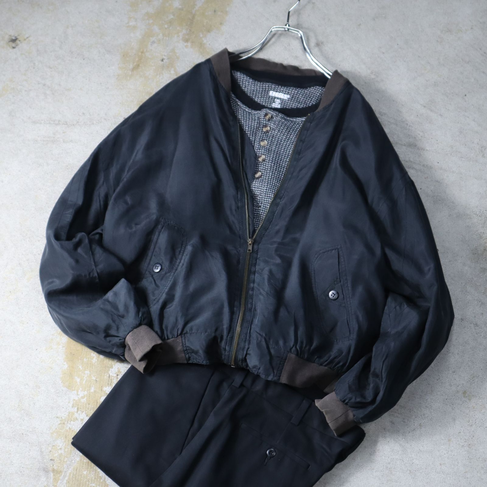 90年代 シルク 絹 ボンバー ジャケット ブルゾン フェード ブラック 黒 silk bomber jacket blouson faded black 90年代 シルク 絹 ボンバー