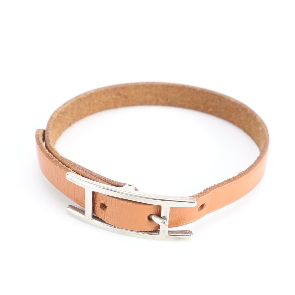 HERMES エルメス レザー シルバー 3連 ロング ブレスレット □H刻印