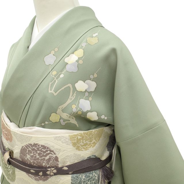 新古品】 訪問着 着物 未使用 フォーマル 正絹 袷 手描き友禅 薄緑地