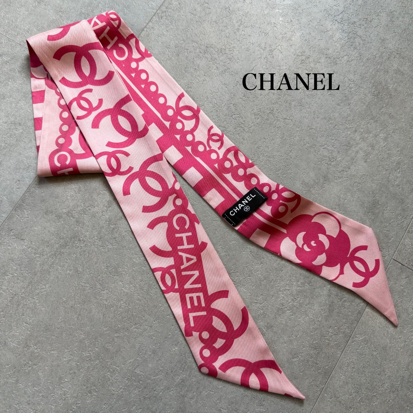 美品 CHANEL シャネル スカーフ ツイリーバンドー ピンク ココマーク