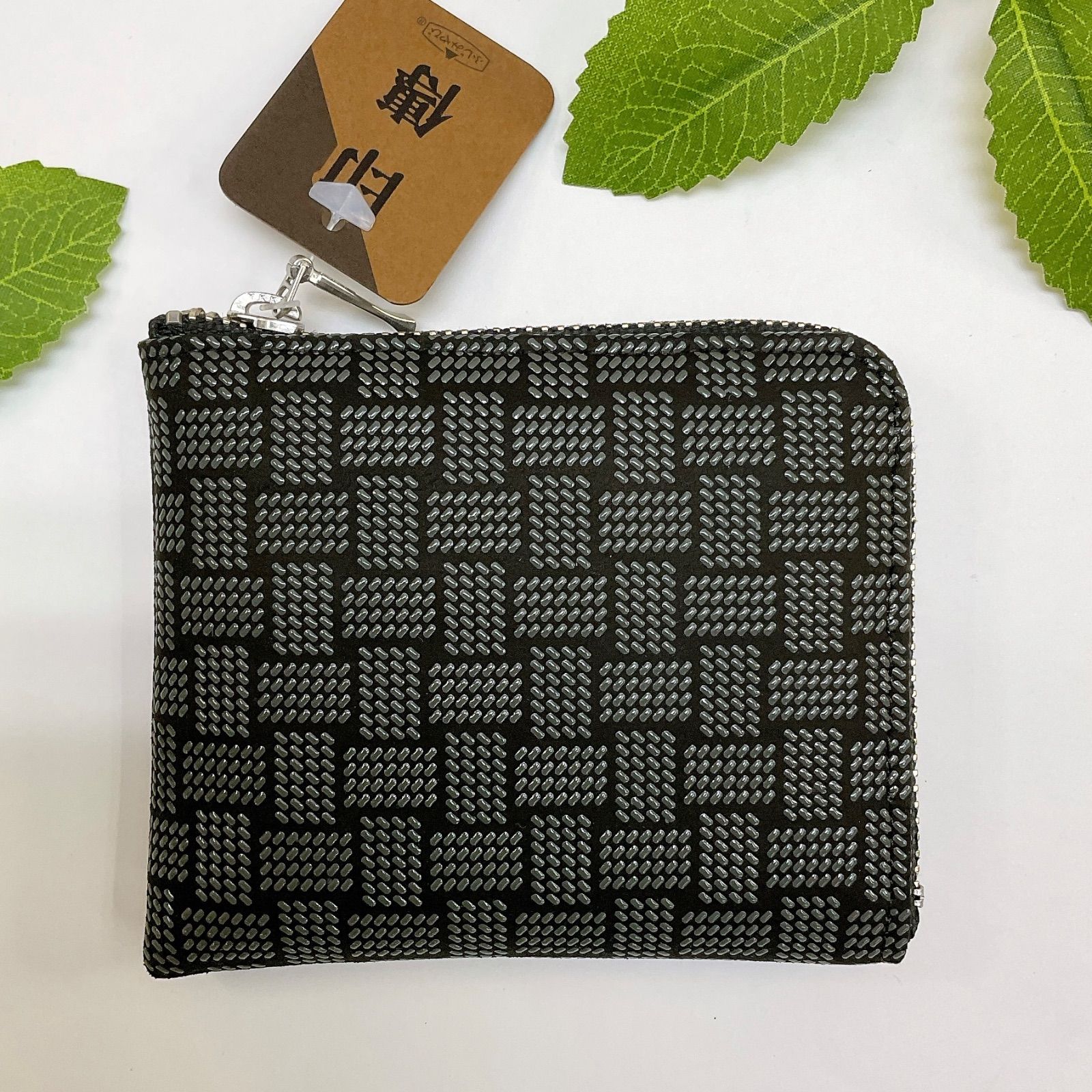 新品未使用品 甲州印伝【網代格子 黒×グレー漆】印傳屋 小物入 コイン 