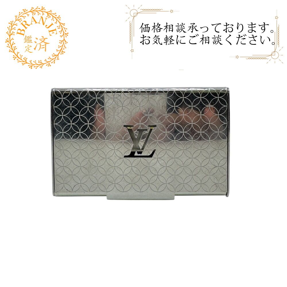 LOUIS VUITTON Louis Vuitton M65227 LV Logo Porte Carte Champs Elysees Monogram Flower Metal Business Card Holder Silver Mens