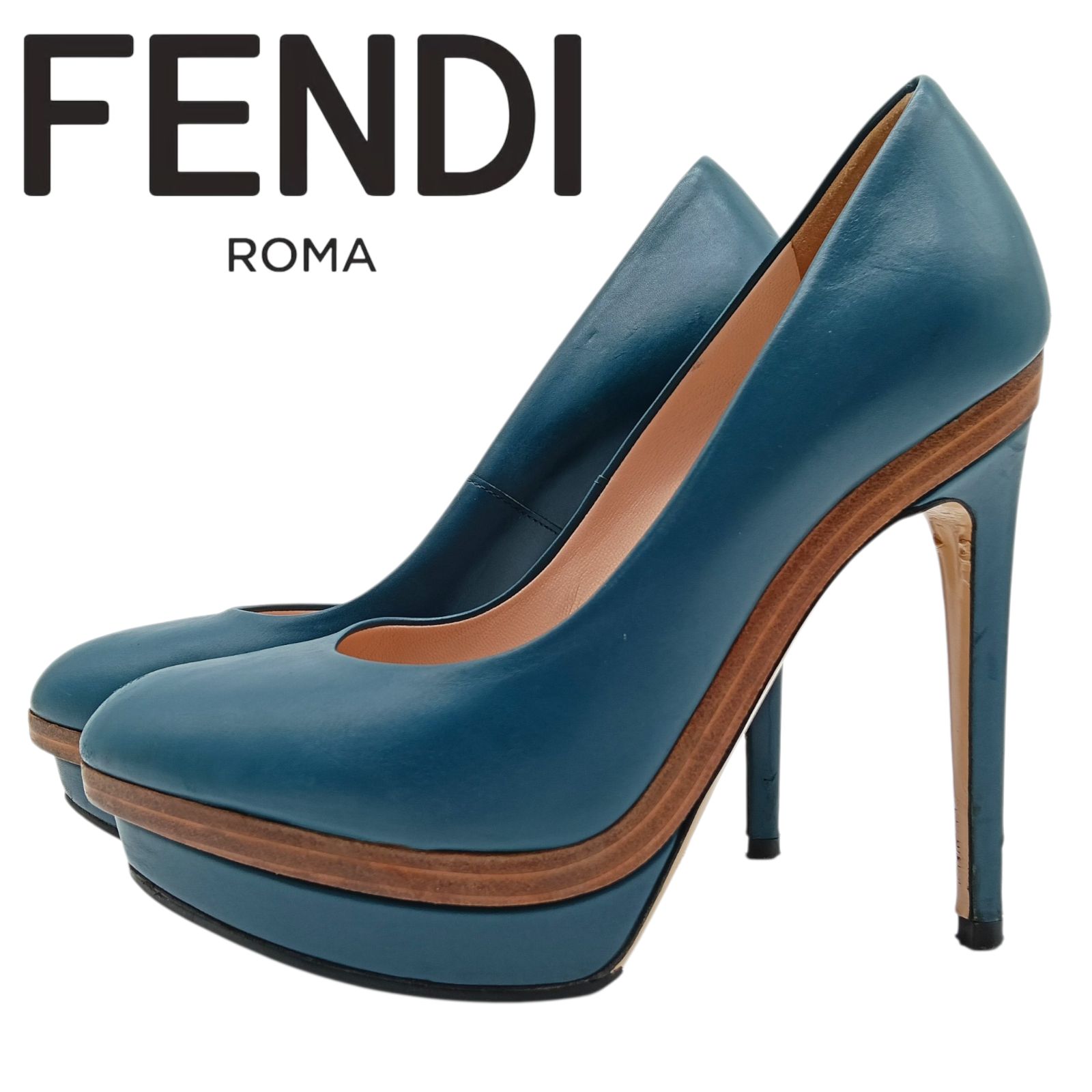 希少 FENDI フェンディ ハイヒール パンプス 36 23cm ターコイズ 
