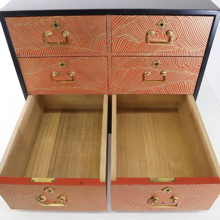 名品 初瀬川柳庵 鍵付 朱漆塗 蒔絵 波絵 小抽斗 小箪笥 小引き出し