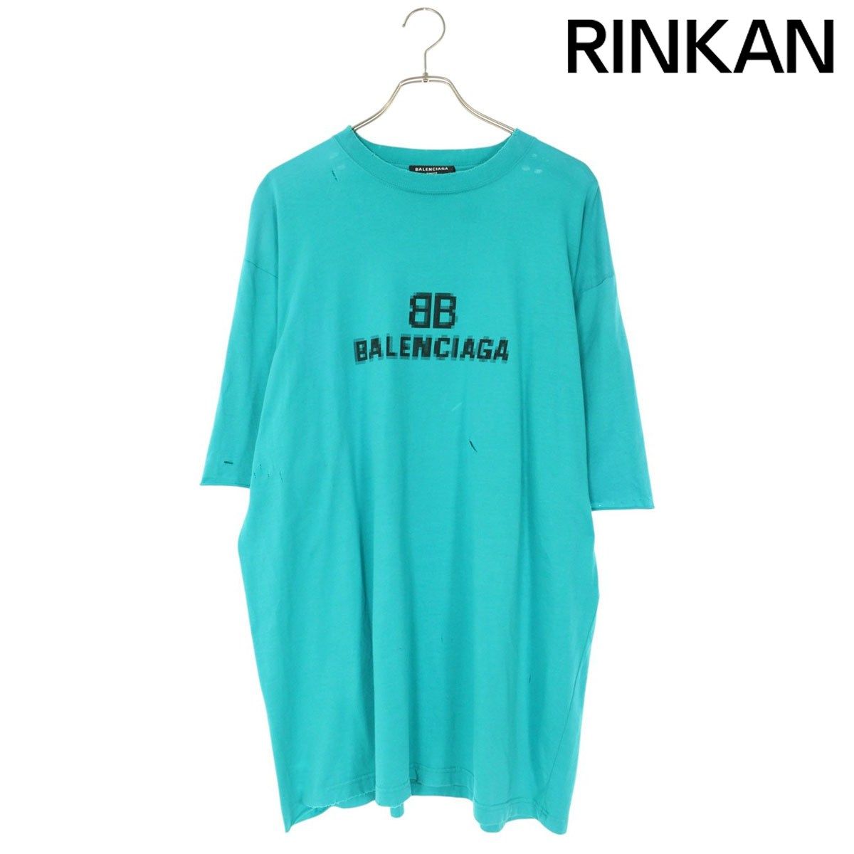 バレンシアガ 651795 TKVF5 ピクセルロゴダメージ加工Tシャツ メンズ 