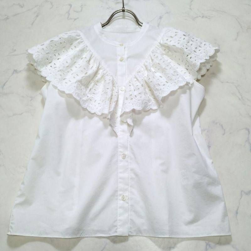 NOBLE ノーブル スカラ刺繍フリルブラウス コットン混 ホワイト 白 