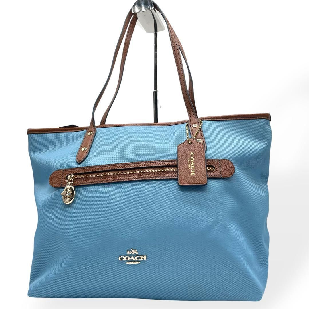 極美品 COACH コーチ トートバッグ 肩掛け キャンバス レザー ブルー 
