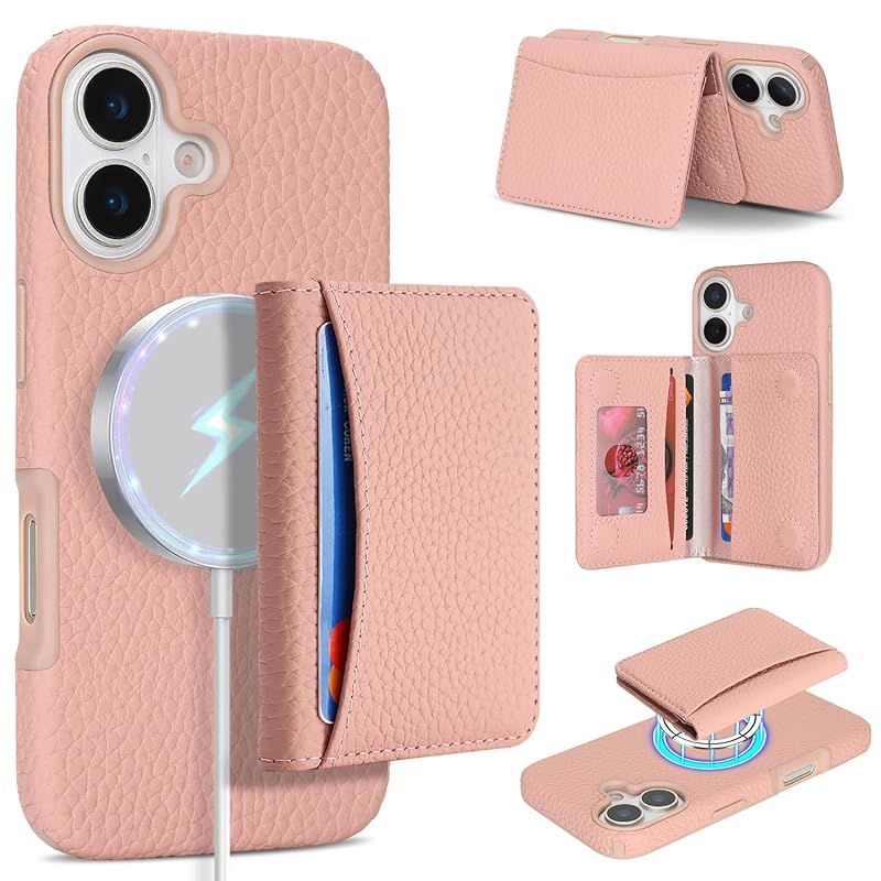 【新品】 East Clear 分離ウォレット 適用 iPhone 16 ケース ライチ柄本革 2in1 携帯ケース 着脱可能カバー 取り外し可能 magsafe充電対応 スタンド機能 財布カバー カードホルダー -ピンク 0