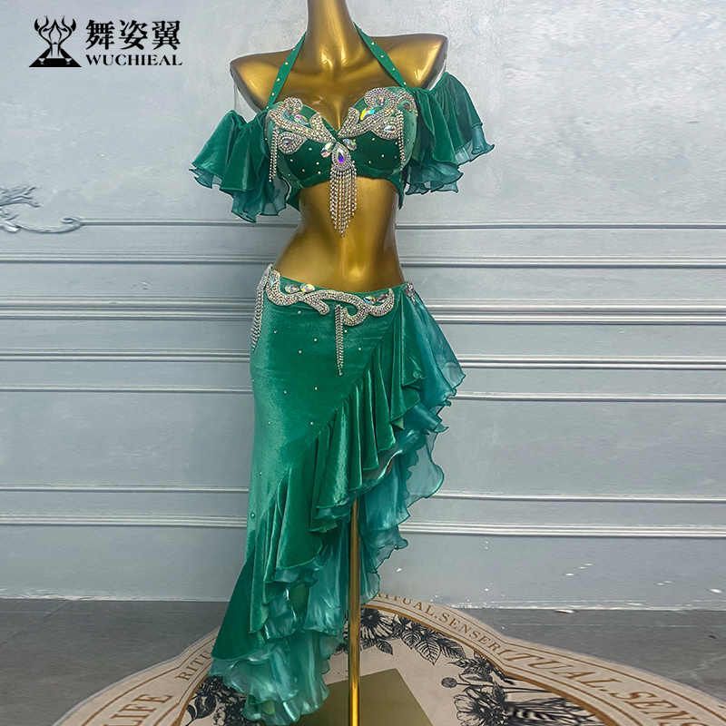 新品 未使用 手作りシリーズ ベリーダンス衣装 レディース オリエンタルダンス ダンス衣装 ラテンダンス 社交ダンス ステージ衣装 舞台衣装 発表会 ショーダンス パフォーマンス スパンコール ビジュー フリルスカート セット グリーン WZY163-1
