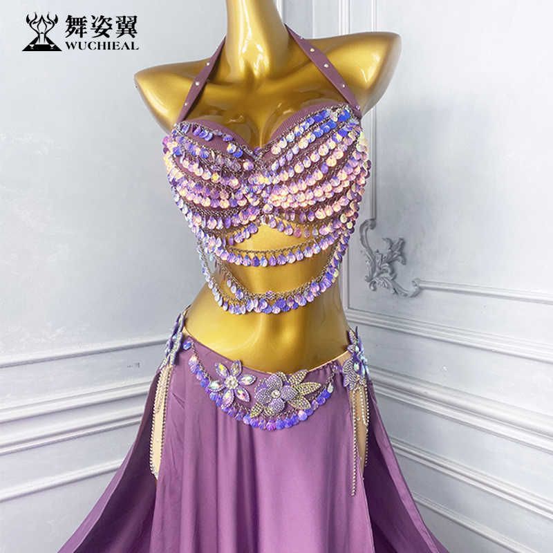 新品 未使用 手作りシリーズ ベリーダンス衣装 レディース オリエンタルダンス ダンス衣装 ラテンダンス 社交ダンス ステージ衣装 舞台衣装 発表会 ショーダンス ダンスコスチューム パフォーマンス ドレス ロングスカート スパンコール パープル WZY211