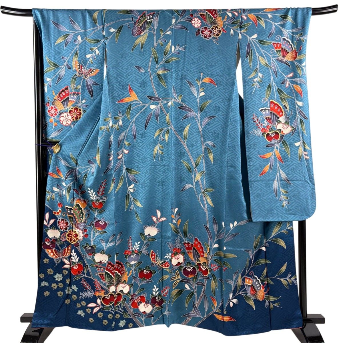 振袖 身丈161cm 裄丈70cm L 袷 蝶 枝梅 金糸 金彩 藍色 正絹 秀品