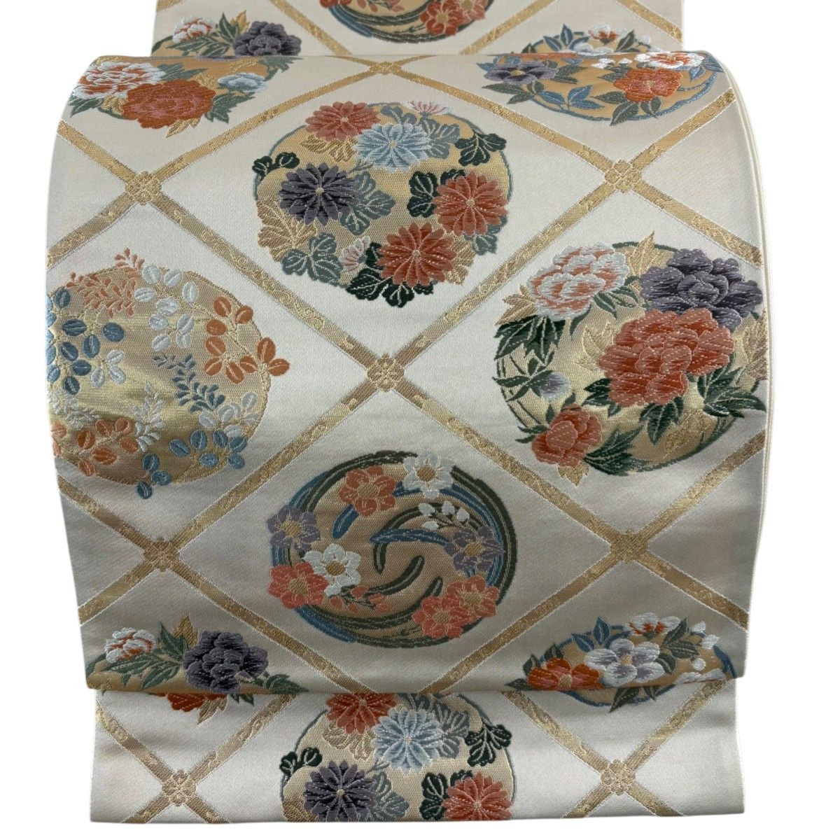袋帯 秀品 花丸文 華文 箔 唐織 ベージュ 六通 正絹 【】 【公式通販】