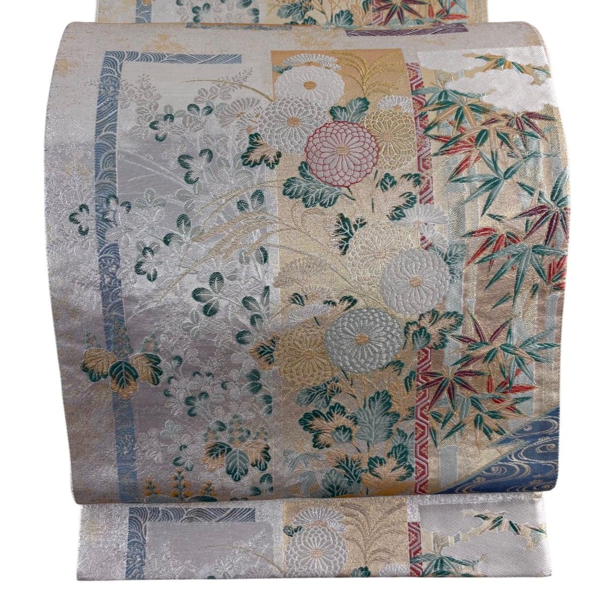 袋帯 秀品 細緻織 三重綾織 短冊秋草蒔絵文 金銀糸 刺繍 銀色 六通 